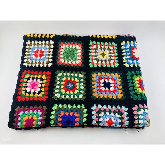Vintage Hand Crochet Afghan Throw Granny Squares Retro Black Rainbow 70s Cottage - Picture 10 of 11